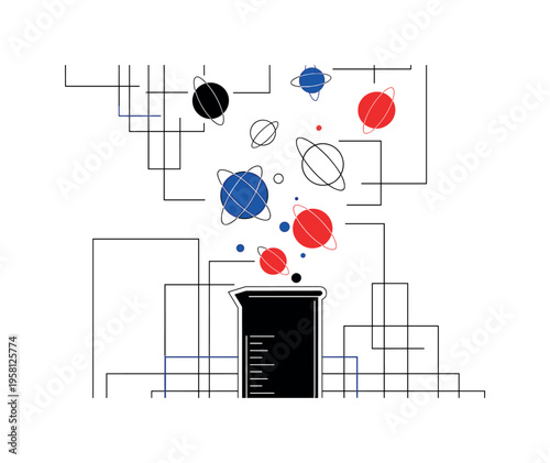 A monochrome scientific beaker emitting stylized geometric bubbles, each bubble rendered as flat circles with orbital lines, structured grid elements framing