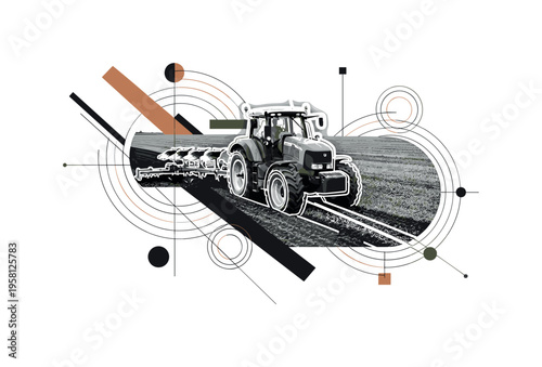 tractor plowing field, geometric lines circles and abstract blocks illustrating preparation and rotation process, black and white retro realistic tractor with