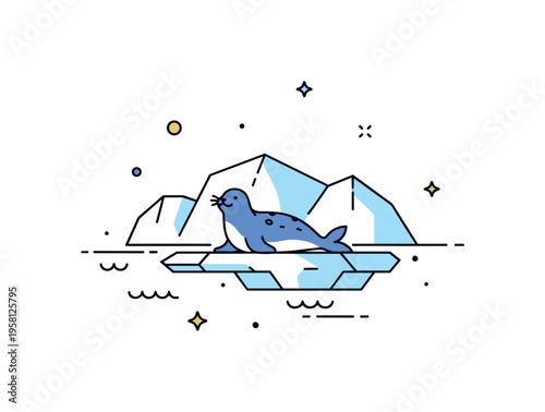 Polar habitat transformation concept illustrated by a small seal silhouette resting on thinning ice with surrounding water accents, symbolizing ecosystem