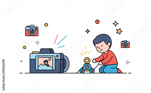 Photography storytelling moment where a small camera captures a child playing with a toy while spark accents suggest a cherished memory. The scene expresses