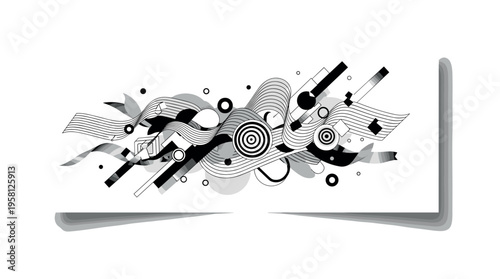 spring fair banner with ribbons, flowing lines circles and geometric blocks creating celebratory motion, black and white retro festival banner with ribbons