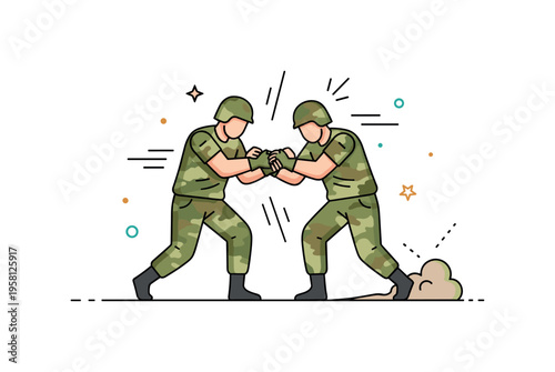 Hand to hand military confrontation two soldiers grappling in a tight combat moment with crossed arms and tense body language, a small dust cloud and motion