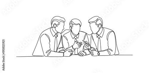 Teamwork Idea Session. Minimalistic one-line drawing colleagues leaning over a table discussing creative solutions, continuous single black line on white