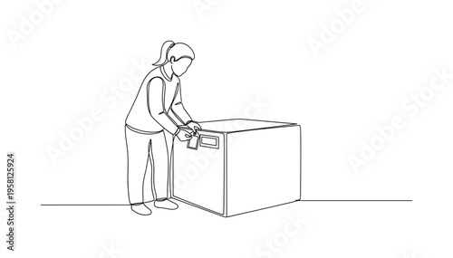 Organizing Boxes with Labels. Minimalistic one-line drawing person placing a label tag on a storage box to identify its contents, continuous single black line