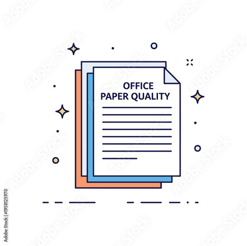 Office paper quality a tidy stack of crisp paper sheets slightly offset while small shine symbols highlight smooth texture and professional