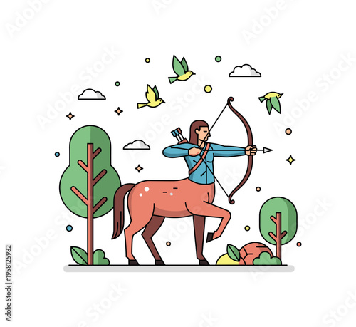Mythical woodland hunter centaur holding a drawn bow in a peaceful forest glade while birds and leaves decorate the magical setting. Scene suggesting patience,