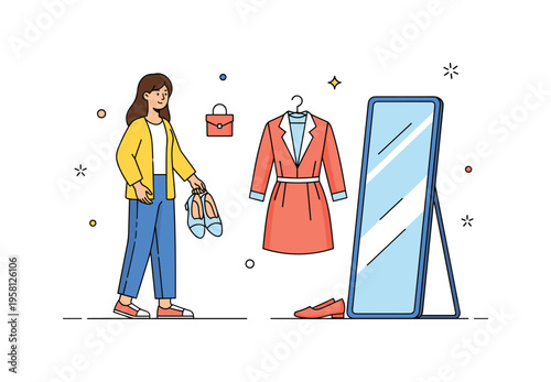 Spring outfit decision person holding a pair of light shoes while a dress and jacket hang nearby and a mirror reflects the look. Friendly visual story of