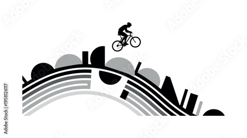 cyclist silhouette jumping over hill, semicircles curved lines and geometric blocks emphasizing upward motion, black and white retro cyclist performing playful