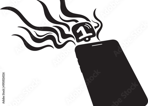 Overheated smartphone with smoke and warning alarm icon rising
