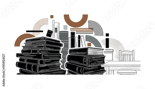 historical library with stacked manuscripts abstract semicircles lines and geometric blocks symbolizing knowledge preservation black and white retro books and