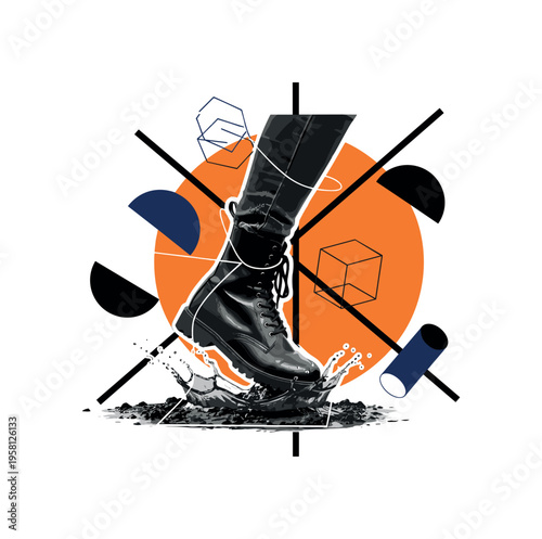 retro combat boots stepping down into muddy ground with splash texture, black and white photography cut-out with white outline effect, giant orange circle sun