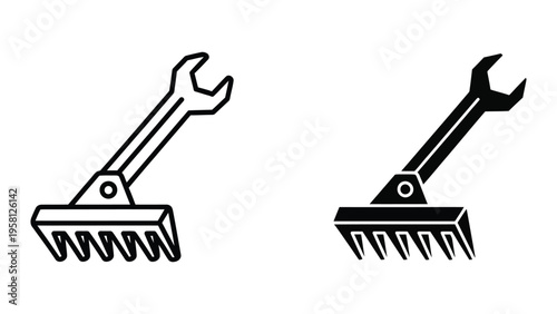 black and white rake with wrench vector illustration, flat design