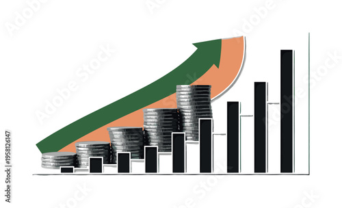 Monochrome close-up of stacked coins arranged in ascending order, intersected by bold geometric semicircles representing upward trends, structured rectangular