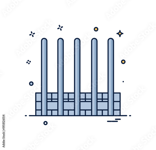 Prison bars barrier icon where thick vertical bars stand in front of a small wall surface. The clean composition symbolizes captivity and controlled access