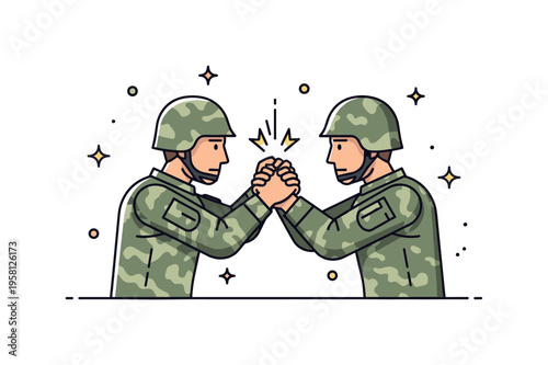 Intense close range military clash two opposing soldiers gripping each other in a moment of direct physical conflict, with small impact symbols highlighting