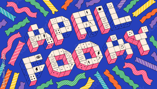A vibrant illustration displays the text april fools day constructed from colorful candy blocks surrounded by scattered sweets high-quality professional detailed modern elegant stylish clean