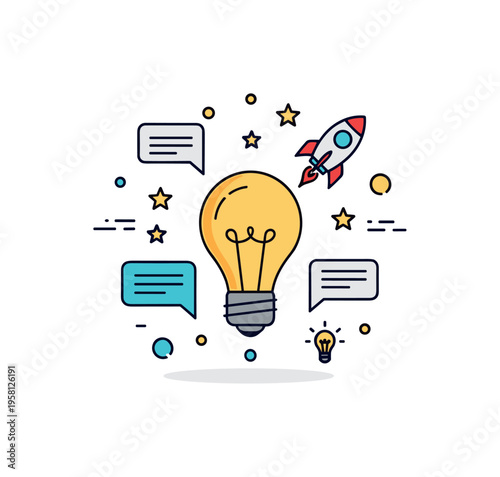 Innovation mentorship culture where a glowing lightbulb sits at the center of a small badge-like scene surrounded by chat bubbles, tiny stars, and a miniature