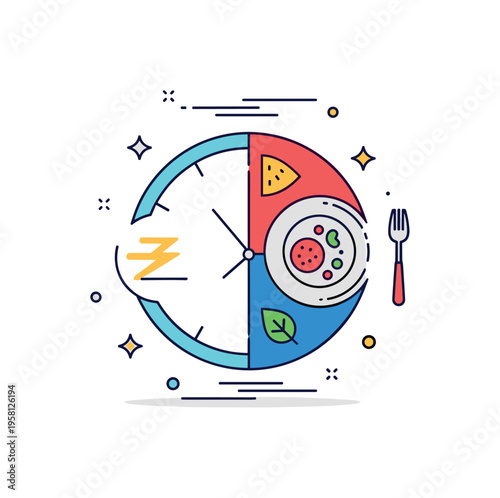 Fasting and eating balance a clock divided into two segments with a calm fasting symbol on one side and a meal plate on the other, creating a visual metaphor