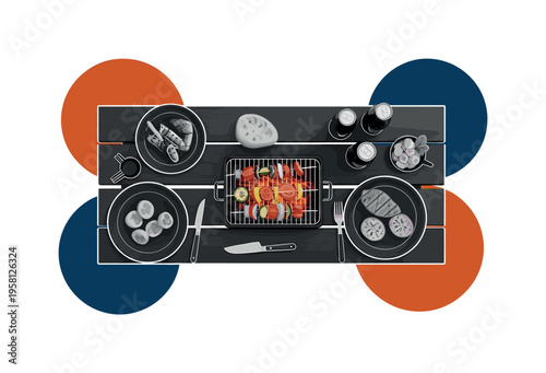 black and white picnic table with barbecue food and drinks prepared for Father's Day, realistic objects with white cut-out outline, abstract circular plates