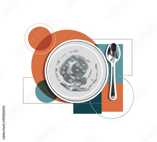 black and white plate of mashed potatoes with gravy and spoon beside it symbolizing classic comfort food, white cut-out outline around objects, circular