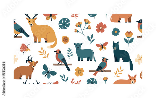 protected endemic wildlife seamless pattern, special animals birds insects and rare flowers symbolizing conservation arranged in a repeating pattern, white