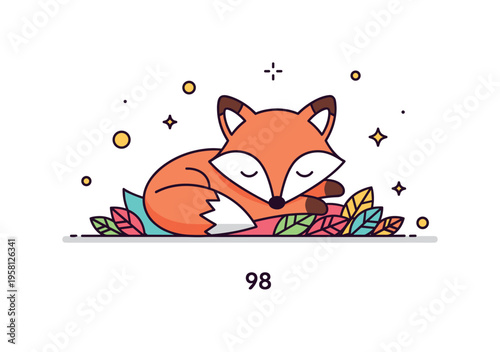 Tiny cozy forest fox playful little fox napping in colorful autumn leaves with subtle decorative sparkles around the scene. Minimalist flat vector