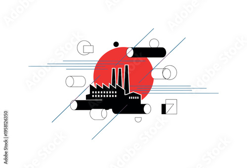 Black and white factory silhouette with small leaf symbol integrated into chimney smoke, bold red circle behind representing responsibility, cobalt blue
