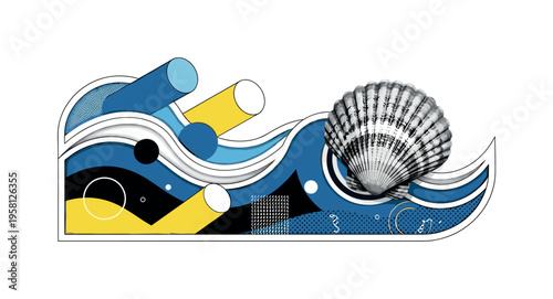 seashell and ocean wave scene with abstract cylinders circles and graphic blocks, black and white seashell placed near stylized ocean wave shapes with white