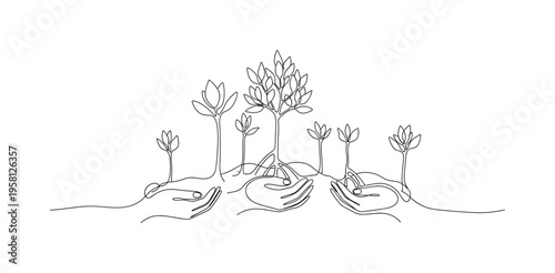 Protecting Mangroves. Minimalistic one-line drawing small mangrove trees in early growth stage being nurtured, continuous single black line on white
