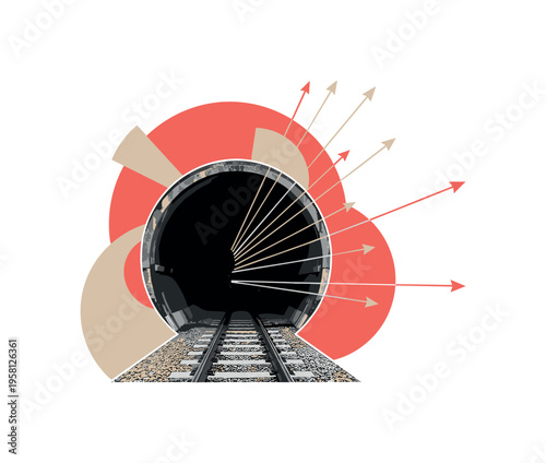 black-and-white retro train tunnel with tracks leading into darkness, abstract semicircles and lines suggesting speed and direction, coral red and beige accent