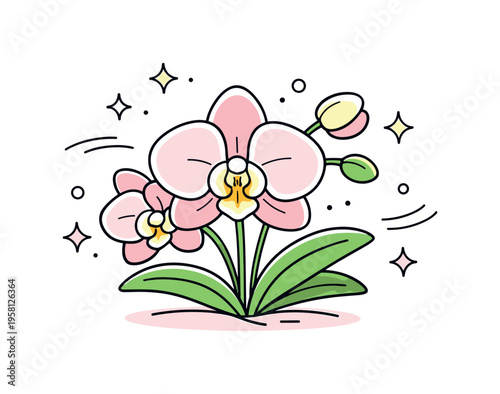 Orchid symbolism. A blooming orchid surrounded by subtle stars and dots, expressing grace and inspiration. Quiet emotional tone with clean visual focus.