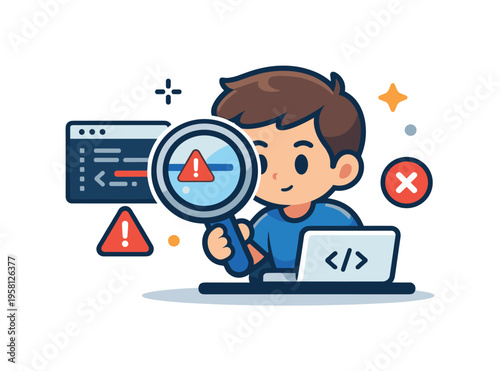Software developer mini character debugging code with a magnifying glass icon and small error symbols, communicating concentration, problem fixing, and