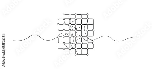 Machine Learning Network. Minimalistic one-line drawing grid of nodes connected by flowing lines suggesting neural computation, continuous single black line on