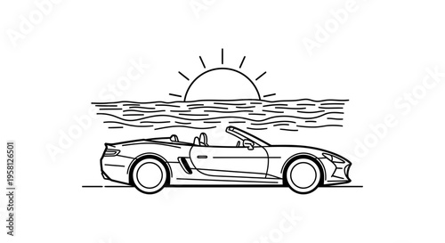 convertible car by ocean at sunset