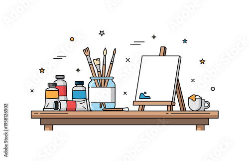 Art supplies on a creative workspace a simple table holding paint tubes, a jar with brushes, and a small blank canvas ready for inspiration, capturing the calm