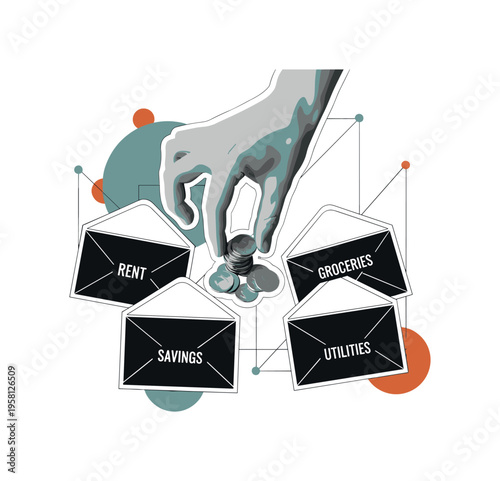 black and white hand dividing coins into separate labeled envelopes representing budgeting categories, white cut-out outline around objects, abstract circles