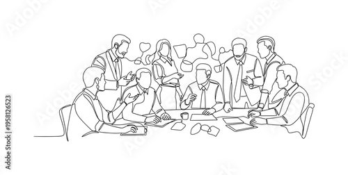 Creative Team Discussion. Minimalistic one-line drawing diverse colleagues gathered around a table exchanging ideas, continuous single black line on white