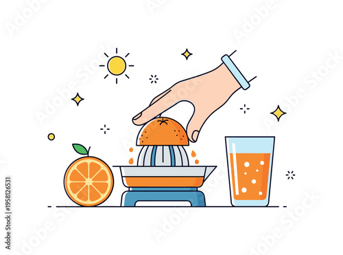 Citrus juice preparation showing a hand pressing half an orange on a small juicer while a glass of fresh juice waits beside it. Sun accents and tiny sparkles