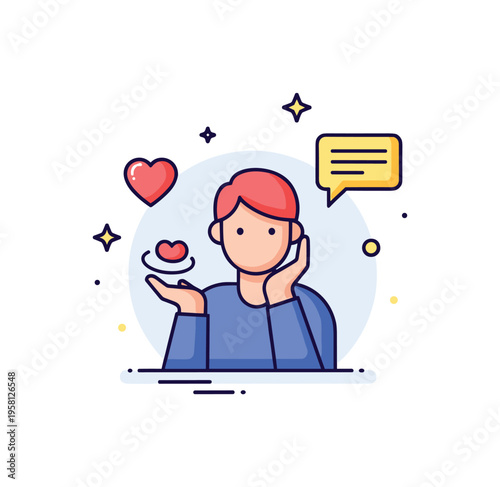 Emotional check-ins moment with a person gently reflecting while a small heart and speech bubble float nearby. The scene represents the simple habit of pausing