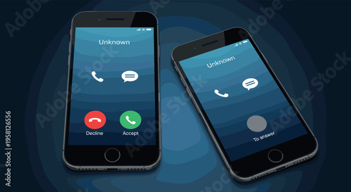 Incoming call smartphone screen interface with accept and decline buttons in realistic mobile UI mockup design on dark abstract background