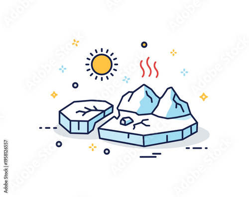 Climate change impact on polar regions illustrated by a fragmented ice sheet with small crack lines and a subtle sun icon above, symbolizing heat absorption