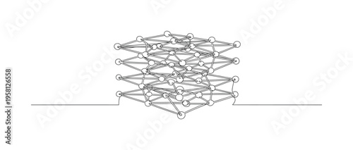 Neural Grid Structure. Minimalistic one-line drawing layered node grid connected by simple lines suggesting AI neural network, continuous single black line on