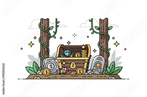 Treasure trove in a jungle clearing with sparkling gold coins, gems, and ancient artifacts, surrounded by vines and mysterious shadows, evoking exploration and
