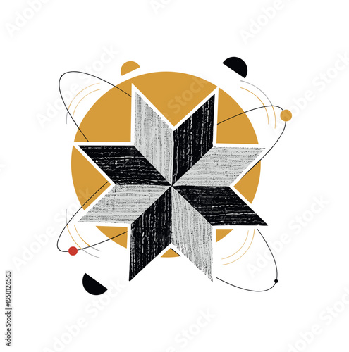 vintage handmade faded quilt pattern forming a star motif, black and white textile fragments with visible fabric grain, large mustard yellow sun circle layered