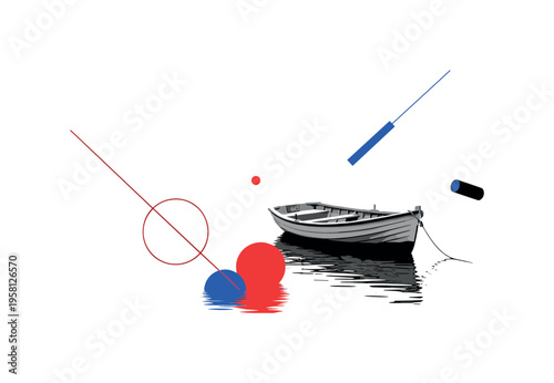 rowboat lake adventure with floating geometric lines circles and cylinders, black and white small rowboat drifting across calm water with layered paper cut-out
