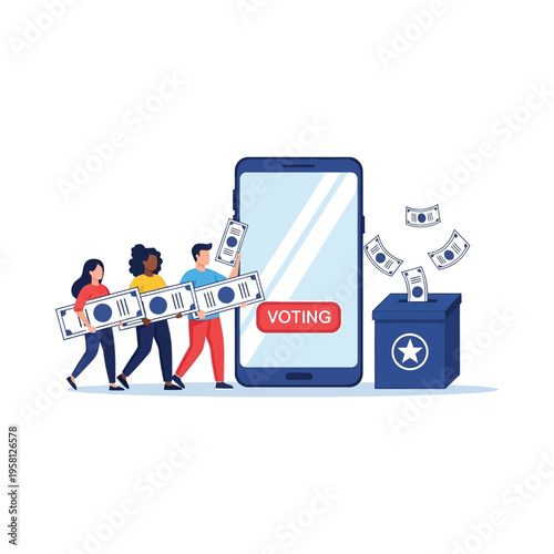 People using mobile voting app with cashback rewards illustration