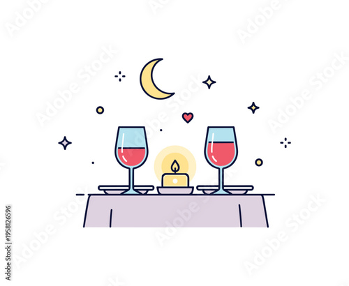Candlelight dinner moment centered on a table with two glasses and a softly glowing candle between them. Gentle romantic atmosphere symbolizing affection,