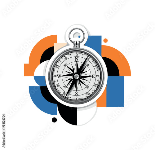 vintage compass navigation with geometric circles semicircles and abstract blocks, black and white antique compass with white cut-out outline layered collage