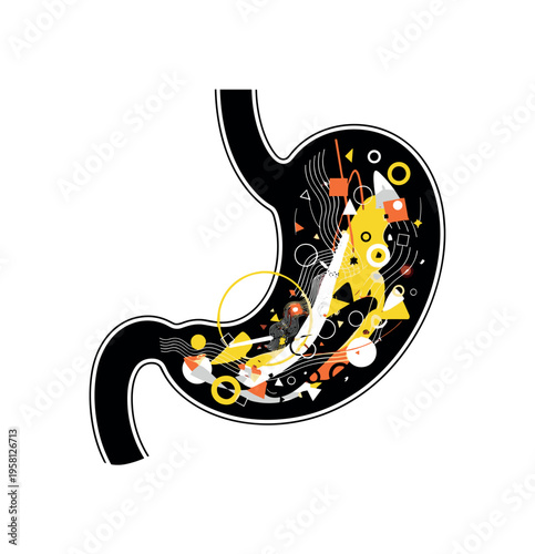 cross-section of human stomach with flowing enzymes abstract circles lines and geometric shapes representing food breakdown black and white retro stomach