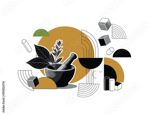 organic skincare production concept with mortar and pestle crushing herbs, black and white cut-out tool and leaves with white outline effect, large earthy